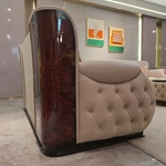 Cream Tufted Leather Sofa with Deep-Red High-Gloss Wood Side Panels